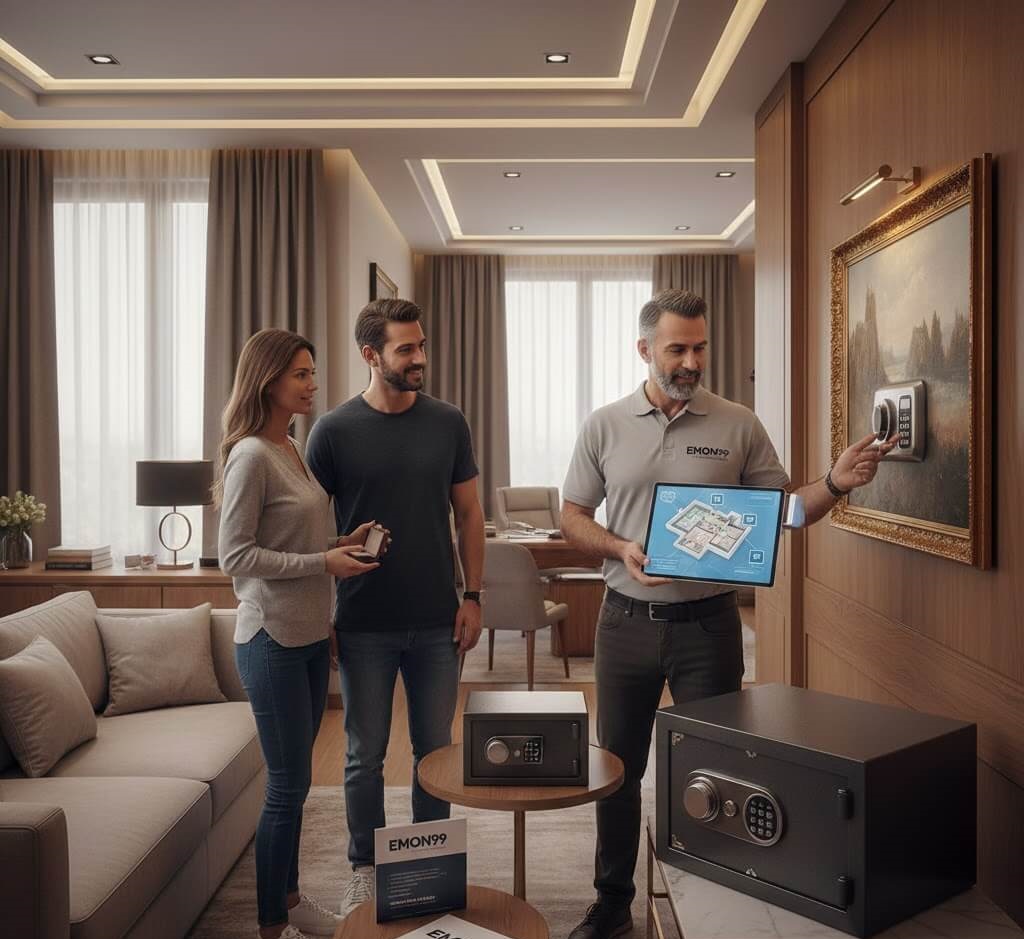 יועץ מיגון מדגים התקנת כספת ביתית כחלק ממערכת מיגון מתקדמת לבית פרטי