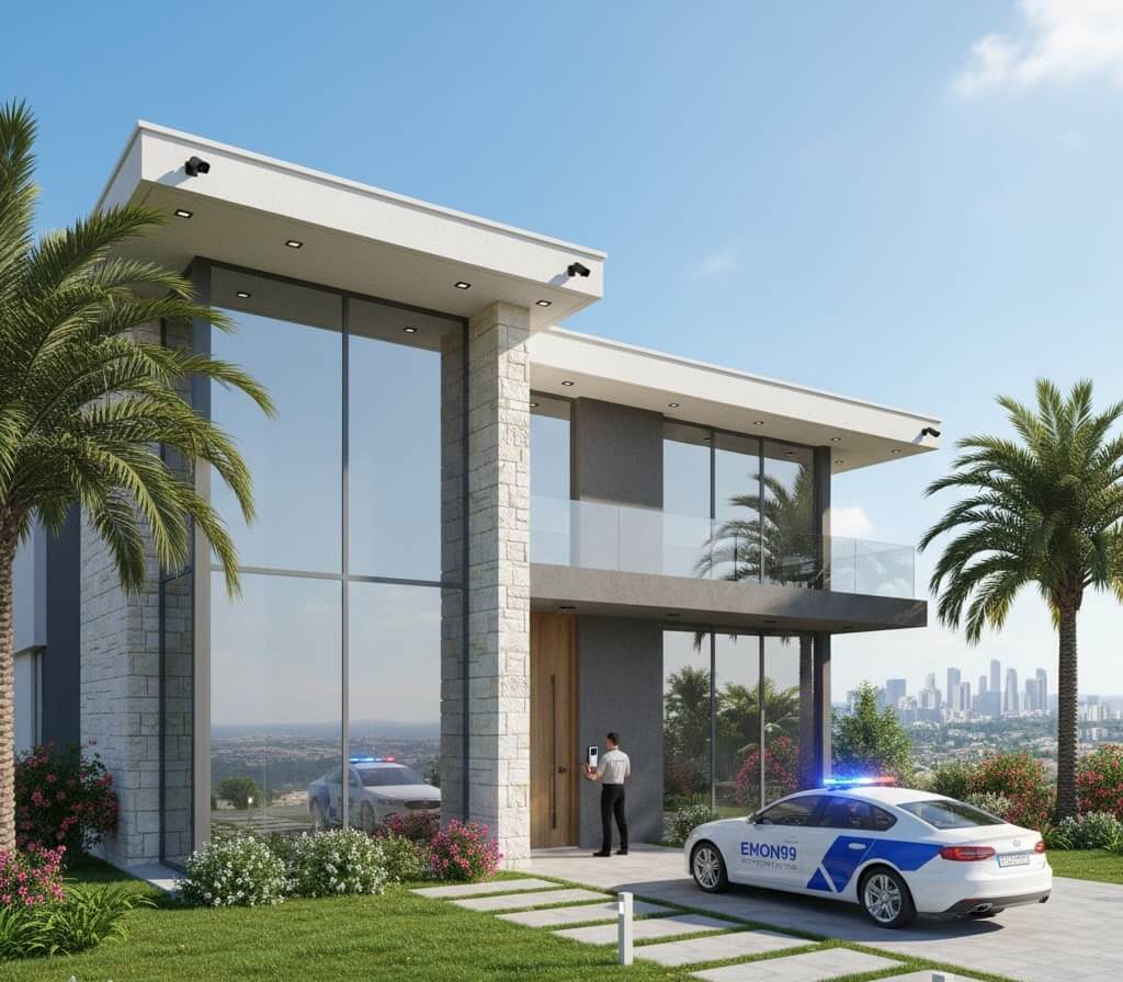 בית פרטי מודרני עם מערכת אבטחה לבית, מצלמות חיצוניות וניידת אבטחה בכניסה לבית